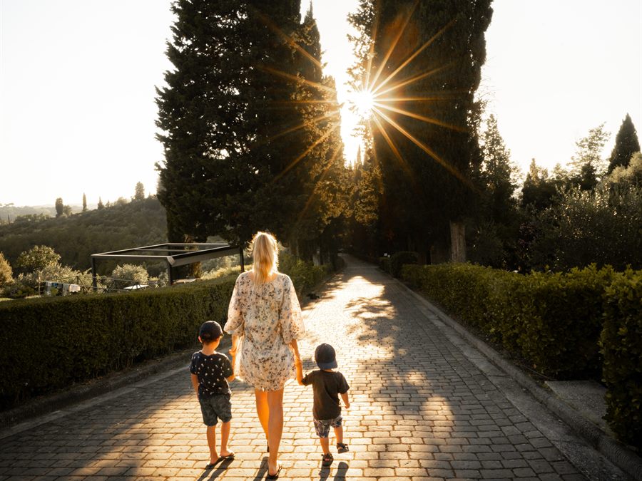 A family walking down a cypress avenue