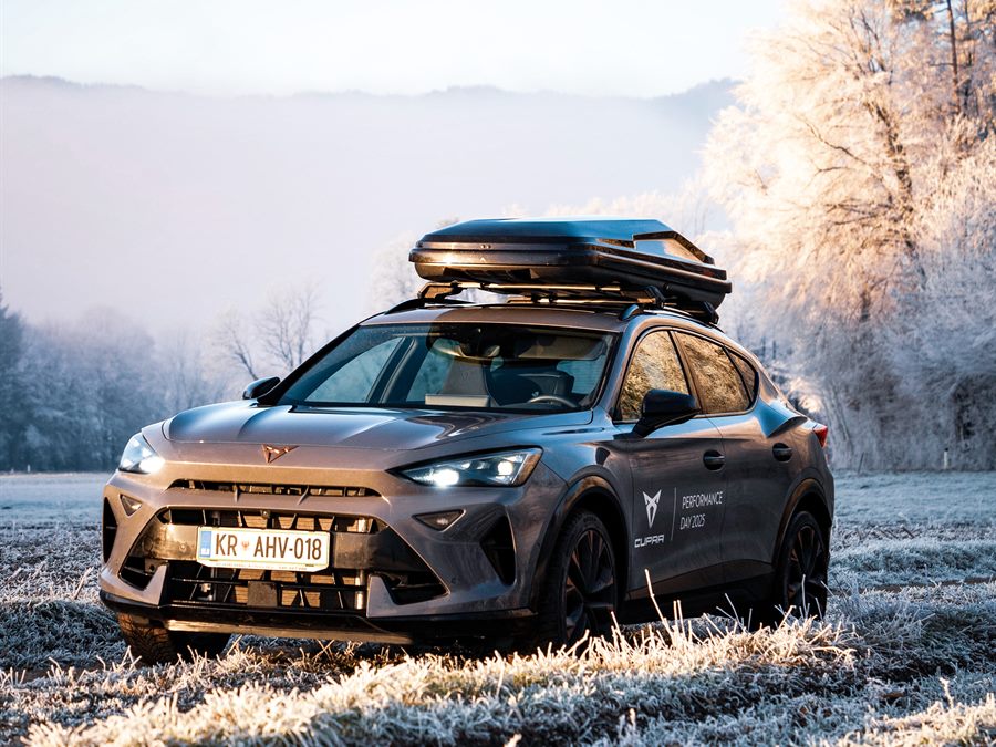 Car with a roof box on a frozen morning