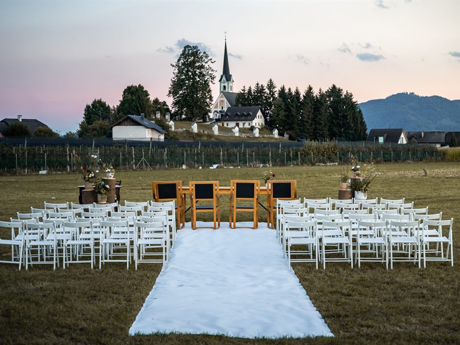 The ceremony set up, chairs and aisle waiting